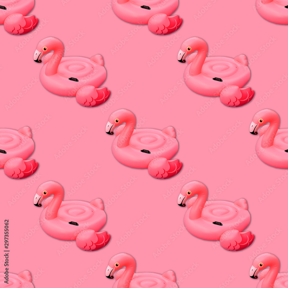 Swimming pool toy in shape of pink flamingo seamless pattern. Flamingo inflatable cut out