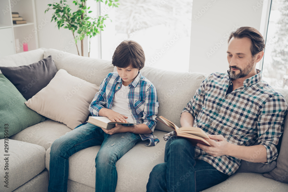 Portrait of two nice attractive focused concentrated guys dad and pre-teen son sitting on couch reading educative book in light white modern style interior living-room