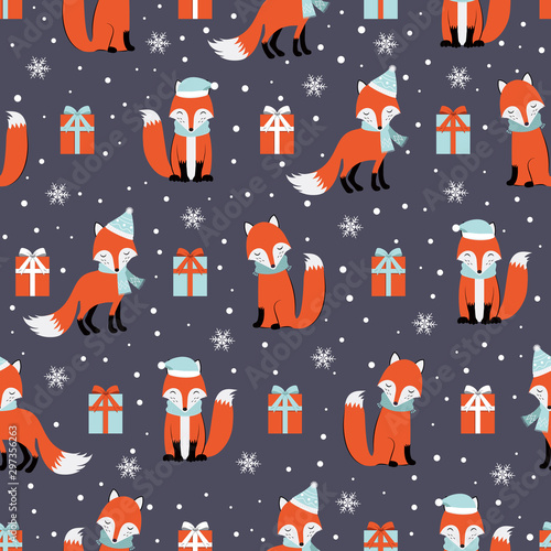 Christmas seamless pattern with fox background, Winter pattern with giftbox, wrapping paper, pattern fills, winter greetings, web page background, Christmas and New Year greeting cards