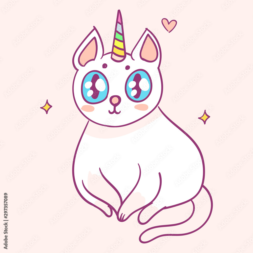 Cute cartoon character cat unicorn, funny magical hand drawn vector illustration. Tee, card print graphic art.