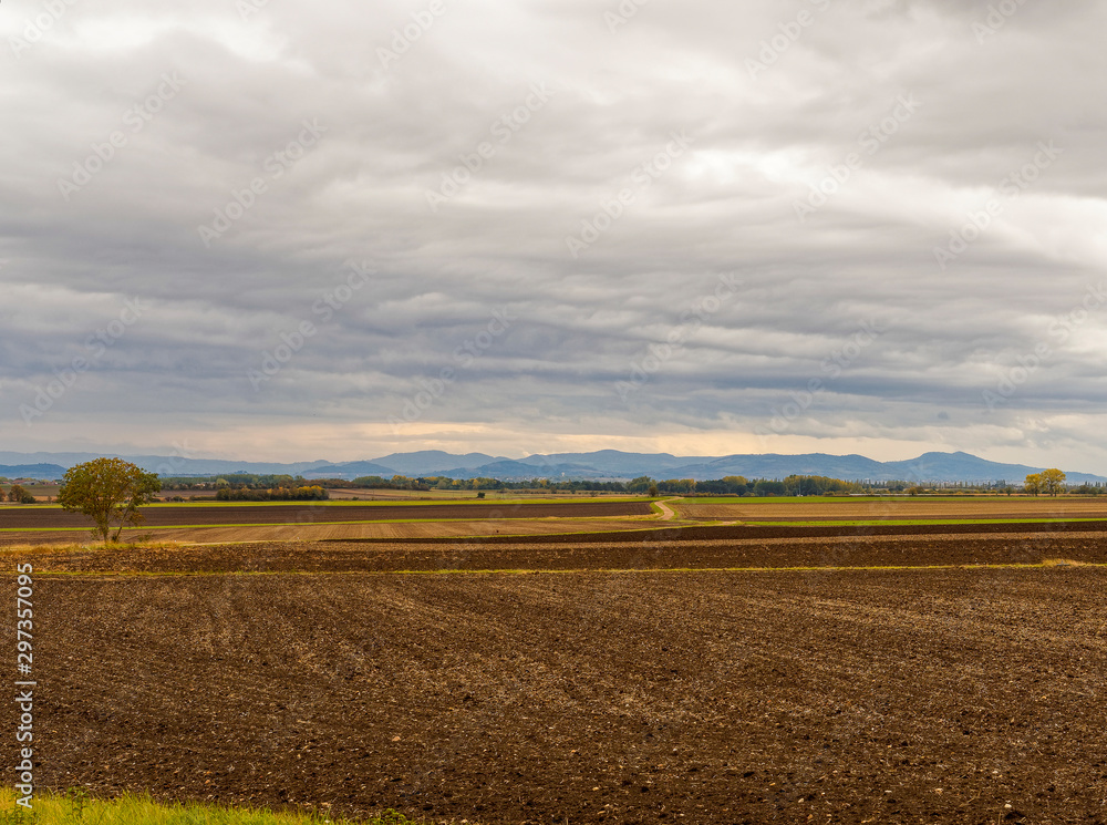 Paysage du Centre de la France. La plaine de la grande Limagne en automne entre Gannat en Allier et Riom dans le Puy-de-Dôme avec la chaine des Puys à l'horizon