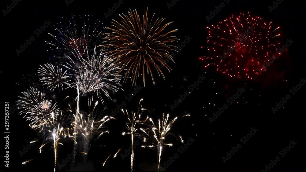 Closeup amazing firework show for celebration on black sky at night. (4K Video) Closeup amazing firework show for celebration on black sky at night. (4K Video)