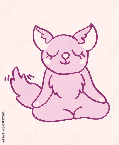 Cute cartoon character fox doing meditation, funny vector illustration. Tee card print graphic art. © stournsaeh
