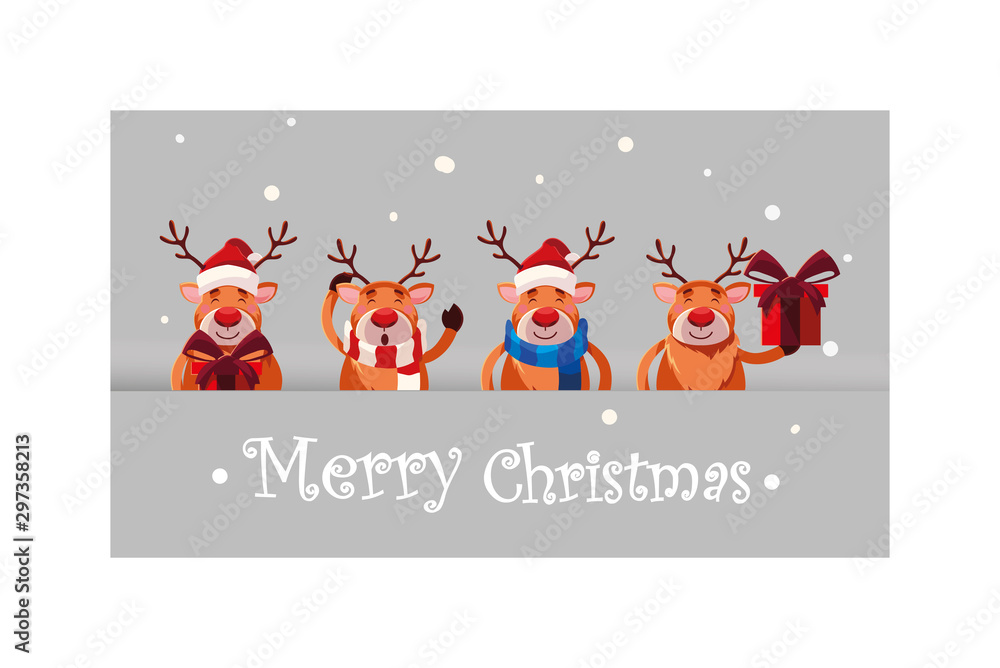 set of reindeer in winter landscape with label merry christmas set of reindeer in winter landscape with label merry christmas