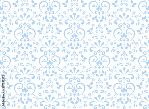 Wallpaper in the style of Baroque. Seamless vector background. White and blue floral ornament. Graphic pattern for fabric, wallpaper, packaging. Ornate Damask flower ornament