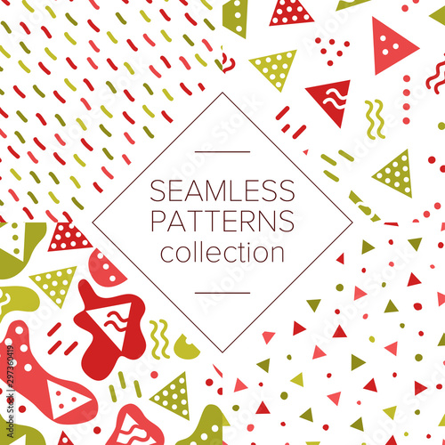 Simple abstract seamless patterns with triangles, dots, waves and stripes. Festive Christmas theme in red and green for wrapping paper. Baby or kids style. Backgrounds set