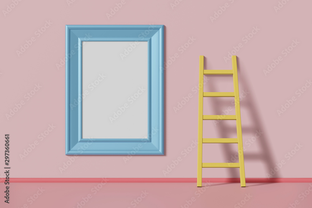 Vertical mock up picture frame blue color hanging on a pink wall near the staircase. Abstract multicolored kids cartoon concept. 3D rendering