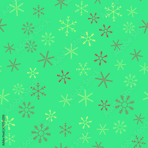 Snowflakes in different shapes and forms. Merry Christmas and New Year seamless vector pattern. Colorful background for Xmas.