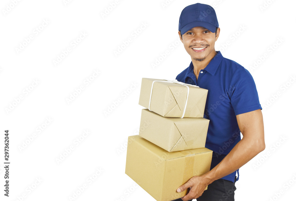 Delivery concept. portrait of handsome young delivery man holding packaging box for customer service. This picture have clipping path for easy use. Delivery concept. portrait of handsome young delivery man holding packaging box for customer service. This picture have clipping path for easy use.