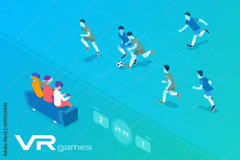 Fototapeta premium Friends Playing Isometric Football Soccer in Virtual Reality VR sitting on sofa Flat Vector Illustration.