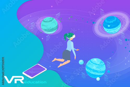 Astronomy Learning in Virtual Reality isometric flat vector illustration. Girl in VR Glasses flying near Planets in virtual space.