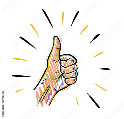 Hand drawn Thumbs up isolated on a white. Sketch. Vector illustration. Like good idea ok cool