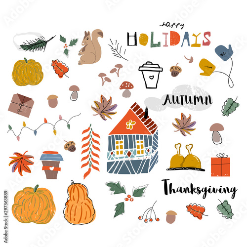 Cute autumn collection set, fall harvest season cartoon illustration clipart with different decoration elements. Happy Thanksgiving holiday