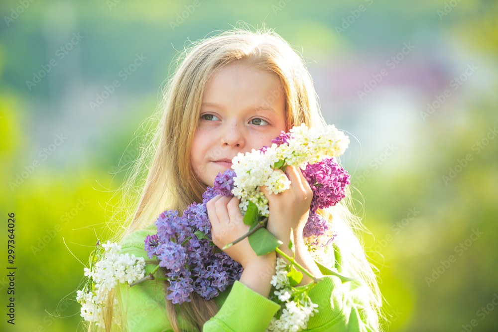 Fototapeta premium A good-looking fashionable little girl in the garden with long fair hair being excited to get a bouquet of lilac on a birthday.