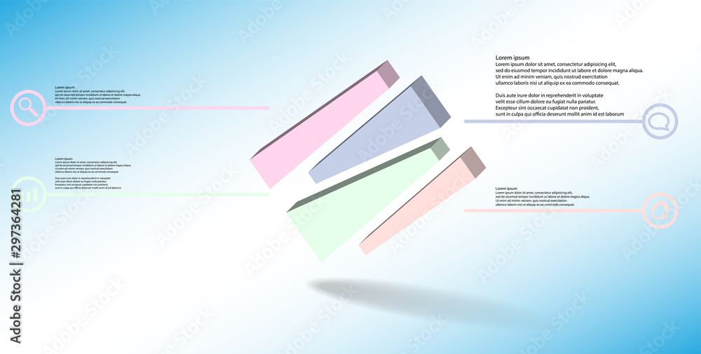 3D illustration infographic template with embossed cube randomly divided to four moved parts askew arranged 3D illustration infographic template with embossed cube randomly divided to four moved parts askew arranged
