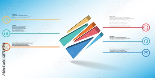 3D illustration infographic template with embossed cube randomly divided to six moved parts askew arranged