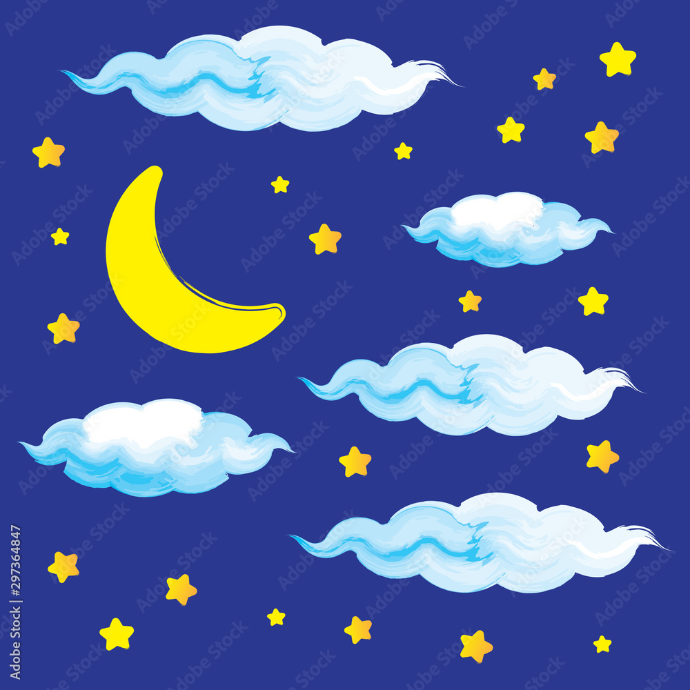 Obraz Niebieskie chmury akwarela i wzór księżyca na niebieskim tle