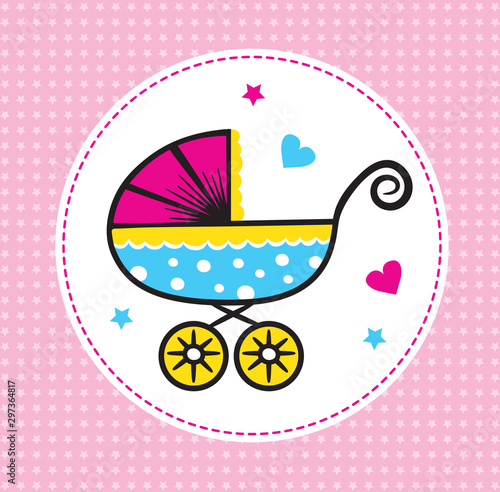 Bright cartoon  hand drawn baby pram. Cute colorfull background with baby pram. Baby girl or boy card designing elements