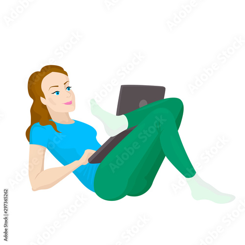 Girl freelance works on notebook. Vector illustration