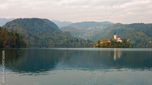 Beautiful autumn landscape around island with church in Lake Bled, Slovenia