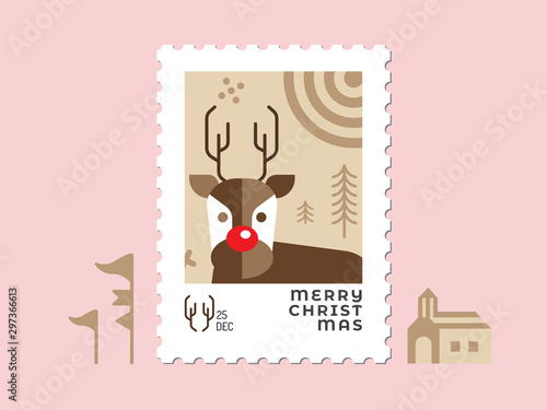 Reindeer in brown tone - Christmas stamp flat design for greeting card and multi purpose - Vector illustration