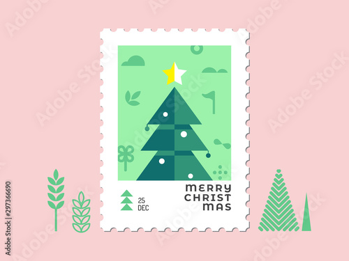 Christmas tree - Christmas stamp flat design for greeting card and multi purpose - Vector illustration