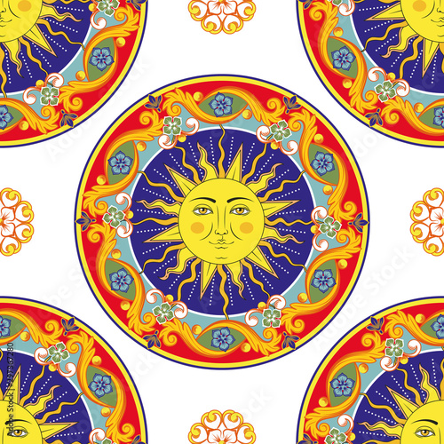 Seamless bright background. Colorful ethnic round ornamental mandala. Sun with human face symbol. Trendy pattern