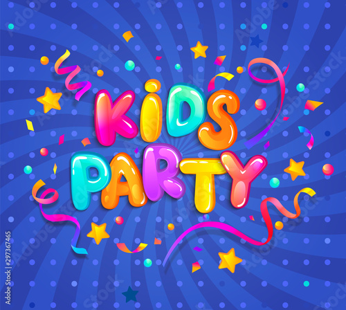 Kids party banner with confetti,serpentine sparkles for greetings,invitations for evening parties.Place for fun and play, kids game room for birthday party. Poster for children's playroom decor.Vector