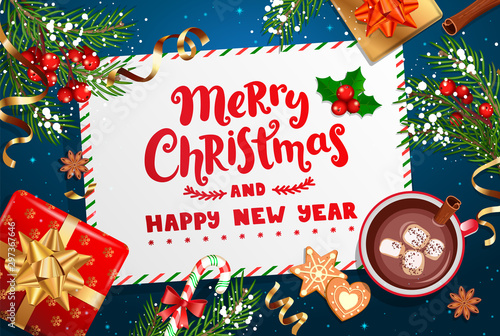 Merry Christmas and New Year wishing letter to Santa with traditional christmas decorations-gift box with gold bow,candy cane,branch with rowans,cookie,cocoa with marshmallow.Vector illustration.