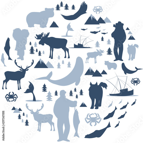 North Polar circle icons and images. Animals, eskimos, forests, mountains, hunters, boats, fish and fishermen