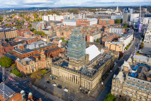 Aerial photo of the Leeds town centre in the UK showing the Leeds Town Hall with construction work being done on the tower © Duncan