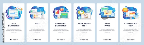 Mobile app onboarding screens. Digital marketing charts, business analytics, SEO and speed optimization. Vector banner template for website and mobile development. Web site design flat illustration