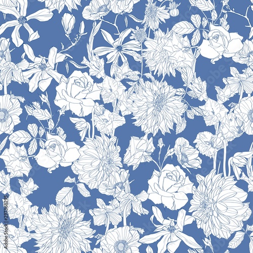 Seamless pattern. Beautiful fabric blooming realistic line flowers. Vintage background. Dahlia, roses, Anemones, wildflowers. Blue backdrop.