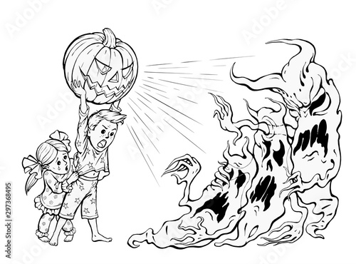 Kids defend themselves against nightmares with Jack-o-Lantern. Vector coloring. Sister hides behind the back of her brother, who raised a luminous carved pumpkin over his head to scare away a monsters