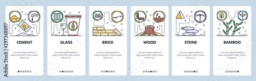 Mobile app onboarding screens. Construction building materials, cement, bricks, wood, stone. Menu vector banner template for website and mobile development. Web site design flat illustration