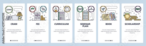 Mobile app onboarding screens. Education icons, tuition fee, scholarship, cram exam, books. Menu vector banner template for website and mobile development. Web site design flat illustration