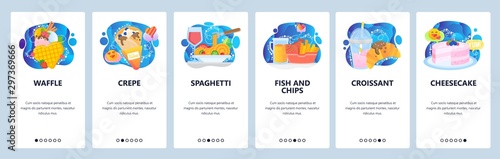 Mobile app onboarding screens. Breakfast and sweet food, waffle, crepe, fish and chips, cheesecake, cake. Menu vector banner template for website and mobile development. Web site design illustration