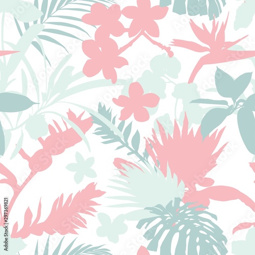 Tropic summer painting seamless pattern with exotic plants and flowers silhouette. Trendy exotic flower wallpaper on white background.