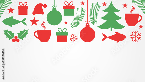 Christmas symbols, red and green background.