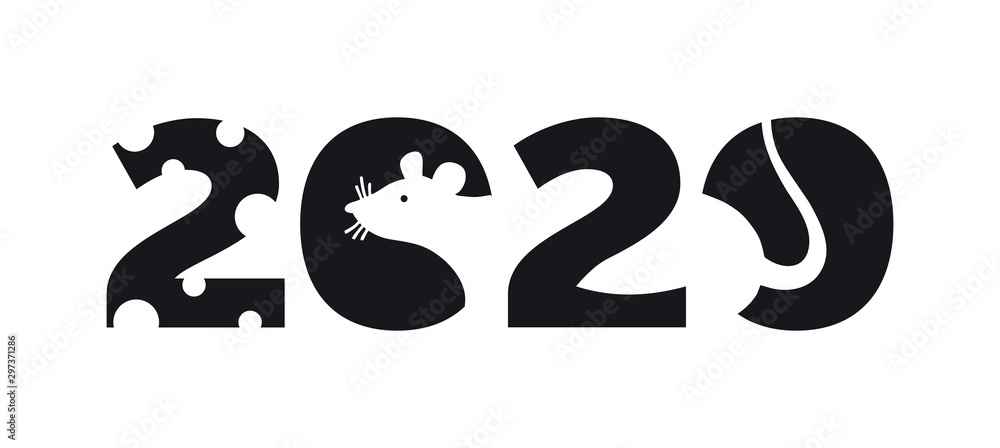 Logo 2020 happy new year, christmas. Vector flat illustration with a silhouette image of a mouse. The rat is the talisman of the eastern calendar. Logo 2020 happy new year, christmas. Vector flat illustration with a silhouette image of a mouse. The rat is the talisman of the eastern calendar.