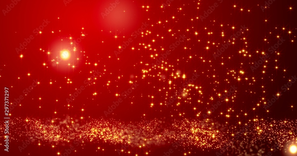 Golden confetti bokeh lights on the red background. 3d illustration Golden confetti bokeh lights on the red background. 3d illustration