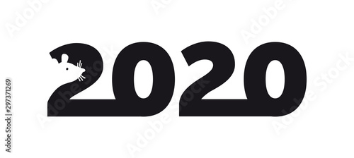 Logo 2020 happy new year, christmas. Vector flat illustration with a silhouette image of a mouse. The rat is the talisman of the eastern calendar.
