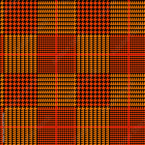 Orange Black Glen Plaid Seamless Vector Pattern with Brick Red Overcheck. Halloween Background. Prince of Wales Check. Classic 9x9 Houndstooth Scottish Fabric. Pixel Pattern Tile Swatch Included.