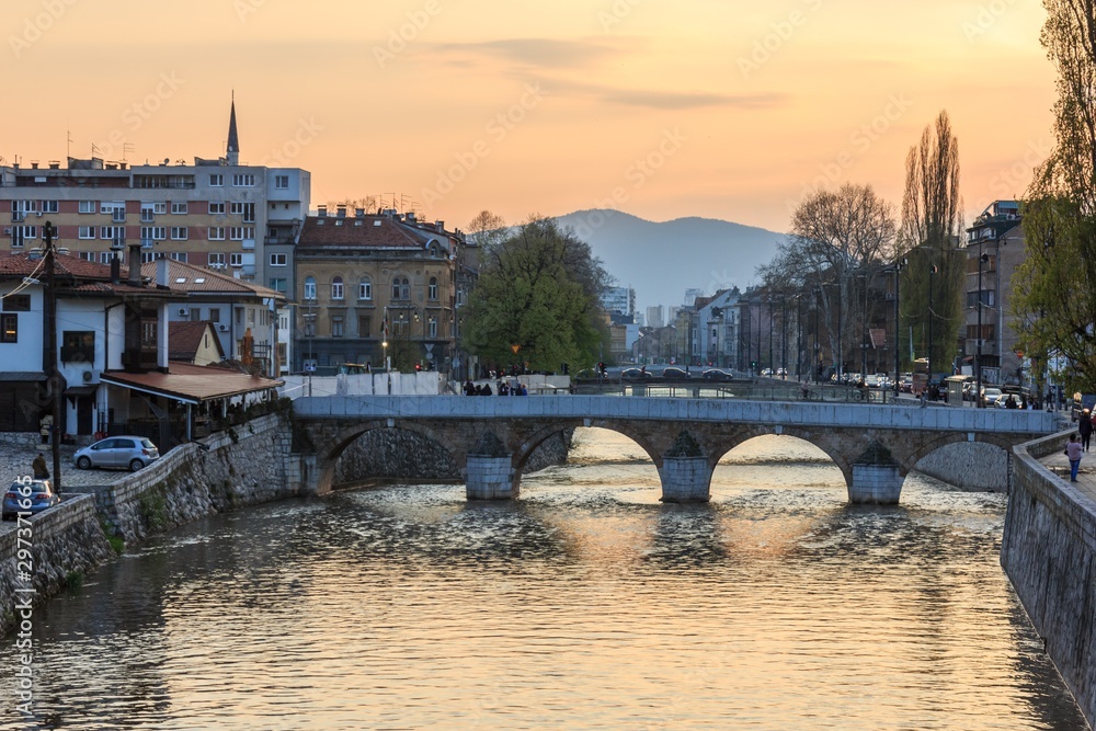 Ancient bridge over the river in the capital of Bosnia and Herzegovina - Sarajevo