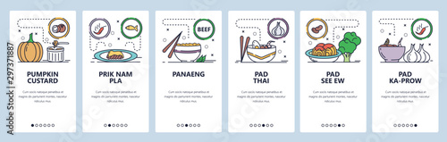 Mobile app onboarding screens. Thai spicy cuisine, food menu, pad thai, panaeng, sauce, rice. Vector banner template for website and mobile development. Web site design flat illustration