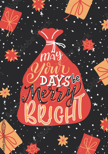 Happy holidays greeting card. Hand lettering Christmas background. Brush calligraphy with decorative design elements. Vector illustration