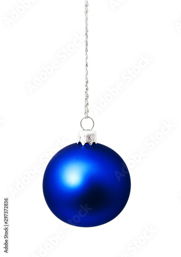 Hunging blue christmas ball isolated on a white