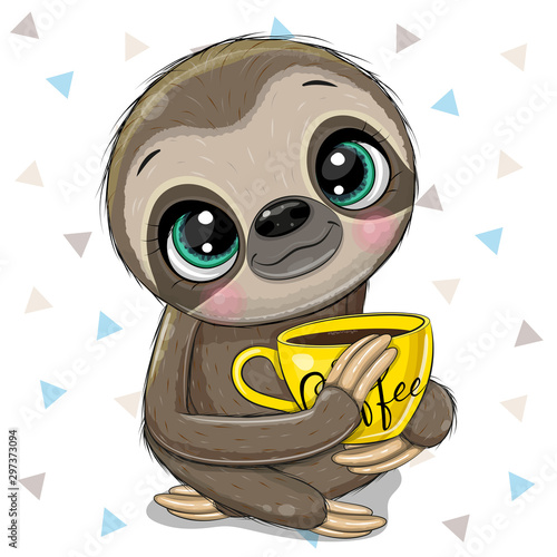 Cartoon Sloth with a yellow Cup of coffee