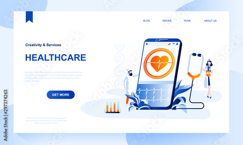 Healthcare vector landing page template with header. Medical homepage banner design with flat illustrations