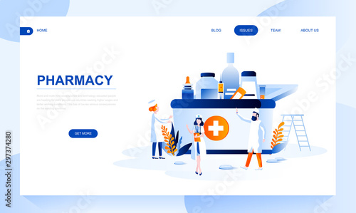 Pharmacy vector landing page template with header. Apothecary homepage banner design with flat illustrations